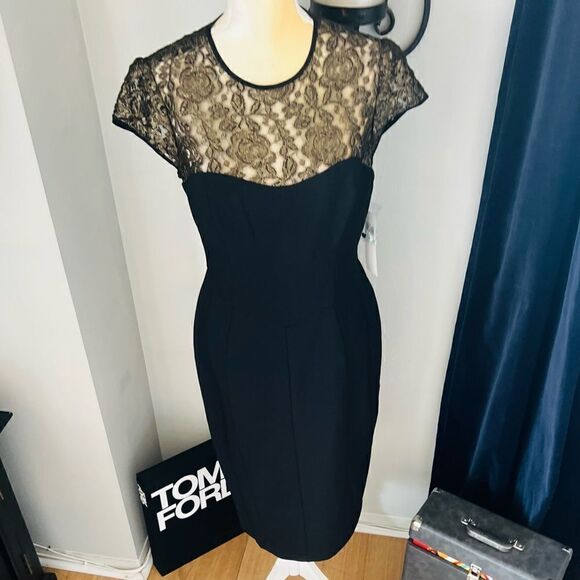Maggy London Black Stretch Crepe Gold Lace Illusion Dress, Black, Size 8, NWT - Picture 5 of 17